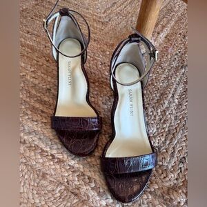 Sarah Flint perfect block sandal 60 in espresso croc embossed calf.